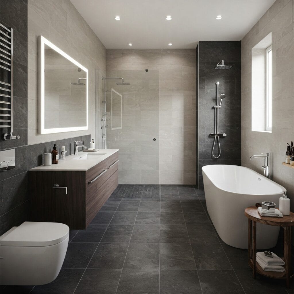 Completed bathroom renovation with a modern freestanding tub by Mayfield Homeworks