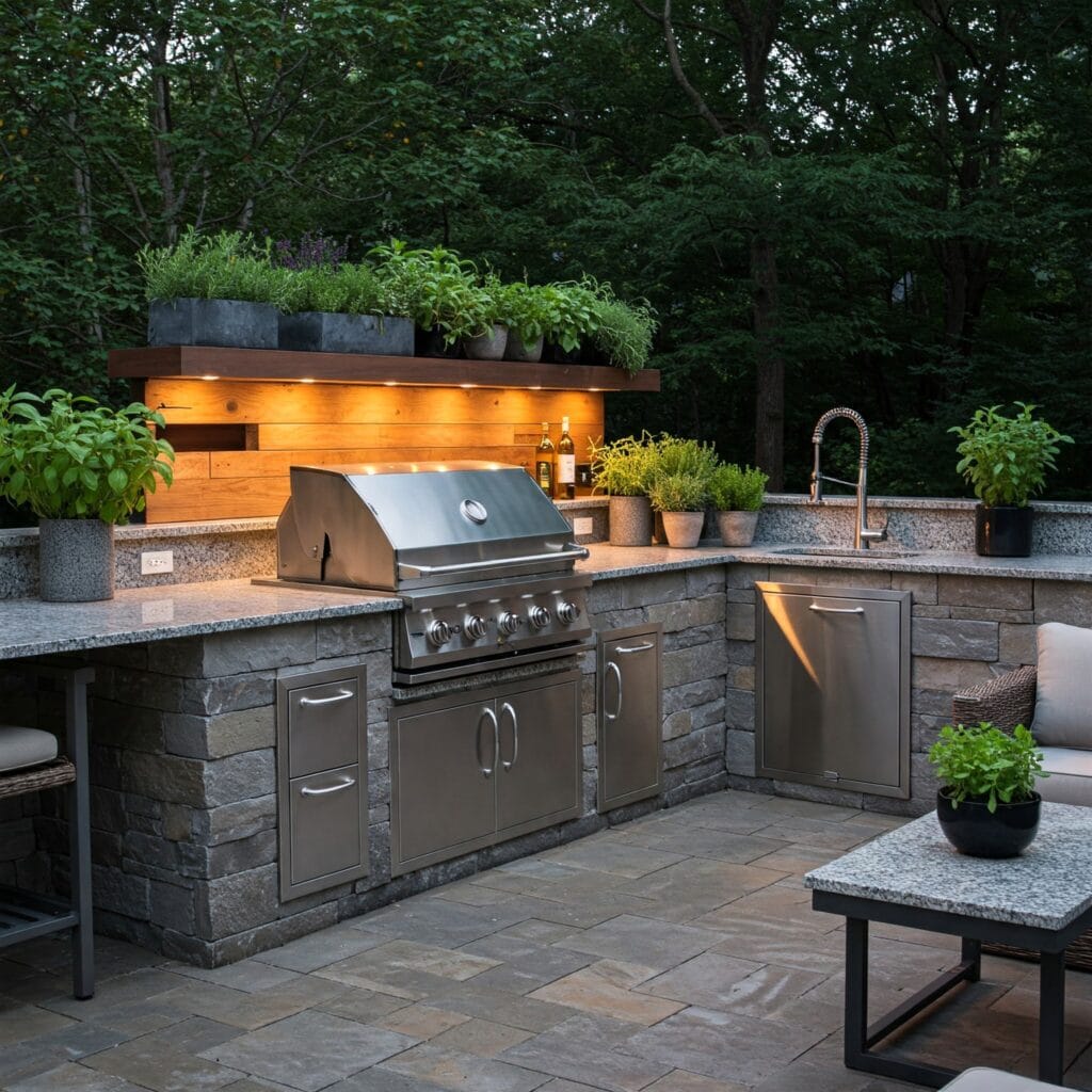 Outdoor kitchen by Mayfield Homeworks featuring stone accents and tile countertops