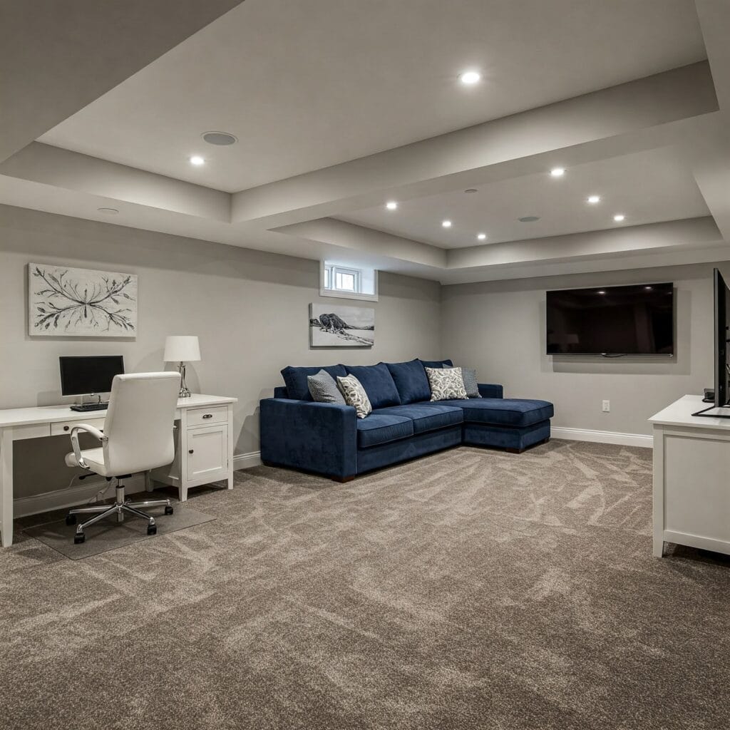 Finished basement by Mayfield Homeworks featuring a custom ceiling design